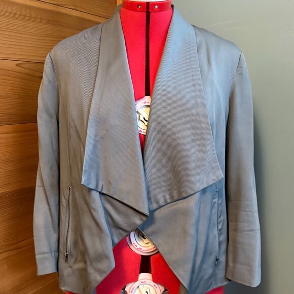 41 Hawthorn Gray Open Front Blazer Roll Tab Sleeves Polka Dot Lining Women’s Lar - Picture 2 of 10